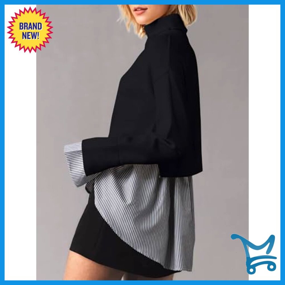 Patchwork Turtleneck Sweater Asymmetrical Hem 2-I… - image 4